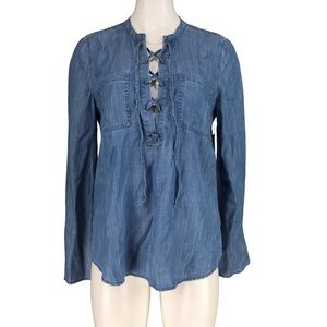 Guess Shirt Tunic Bell Sleeve Lace Up Denim Alden 2 Wash Med Blue Women Size M